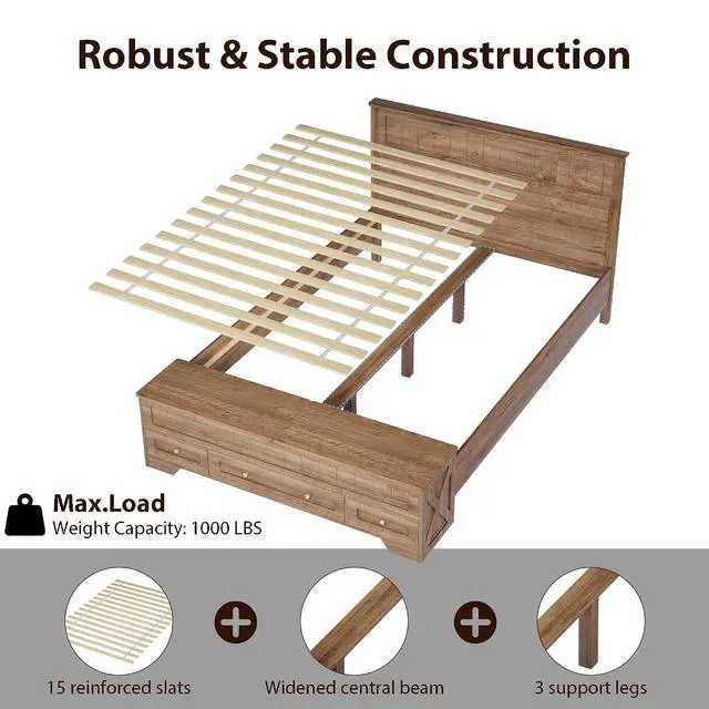 Alt view image 6 of 7 - Farmhouse Queen Bed Frame with Headboard and Storage Bench (Rustic Brown) | Wooden Platform Bed Queen Size, LED Light Strip, 3 Drawers, 2 Flip-Top Compartments, Wood Slat Support, No Box Spring Needed
