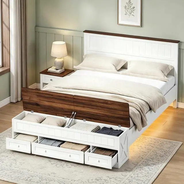 Main image of Farmhouse Queen Bed Frame with Headboard and Storage Bench (White) | Wooden Platform Bed Queen Size, LED Light Strip, 3 Drawers, 2 Flip-Top Compartments, Wood Slat Support, No Box Spring Needed