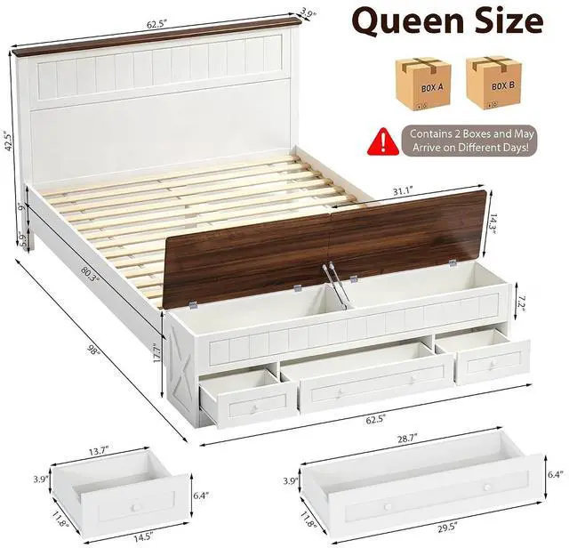 Alt view image 2 of 7 - Farmhouse Queen Bed Frame with Headboard and Storage Bench (White) | Wooden Platform Bed Queen Size, LED Light Strip, 3 Drawers, 2 Flip-Top Compartments, Wood Slat Support, No Box Spring Needed