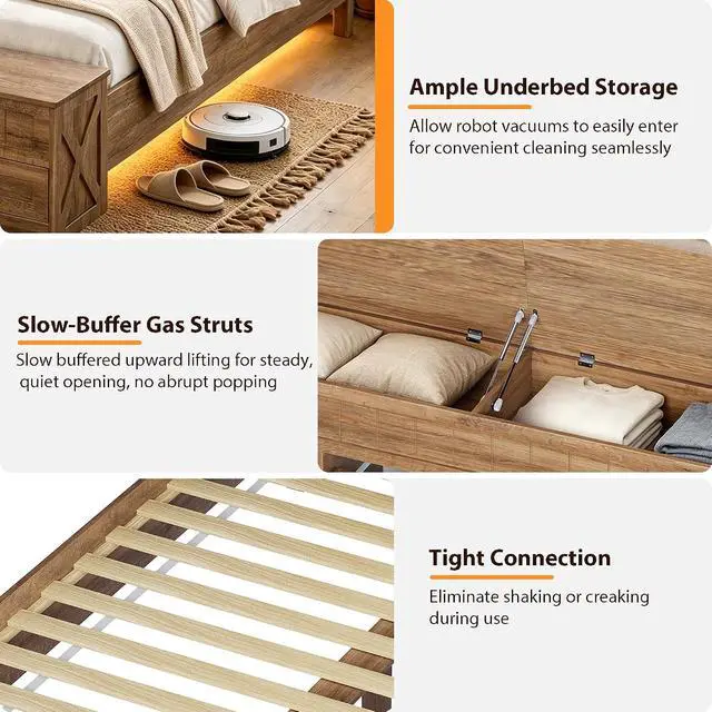Alt view image 7 of 7 - Farmhouse Queen Bed Frame with Headboard and Storage Bench (Rustic Brown) | Wooden Platform Bed Queen Size, LED Light Strip, 3 Drawers, 2 Flip-Top Compartments, Wood Slat Support, No Box Spring Needed