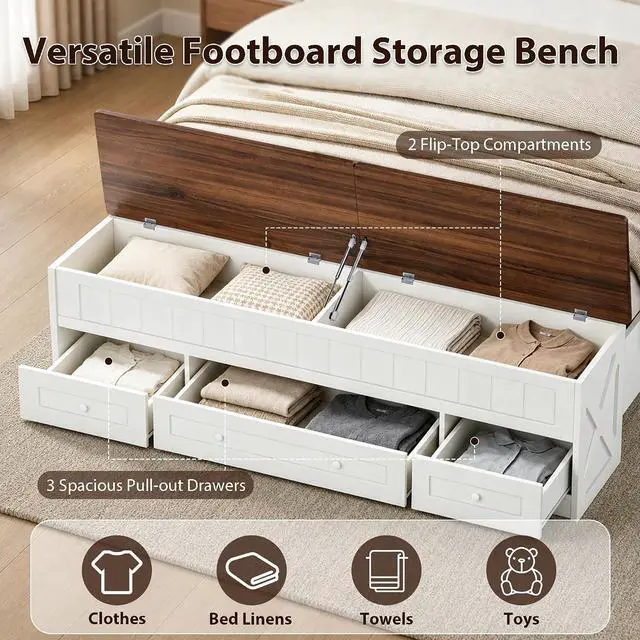 Alt view image 3 of 7 - Farmhouse Queen Bed Frame with Headboard and Storage Bench (White) | Wooden Platform Bed Queen Size, LED Light Strip, 3 Drawers, 2 Flip-Top Compartments, Wood Slat Support, No Box Spring Needed