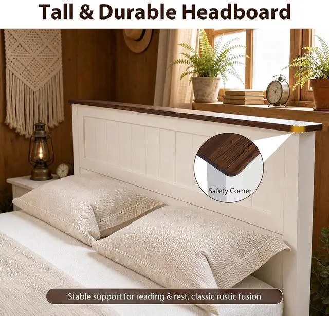 Alt view image 4 of 7 - Farmhouse Queen Bed Frame with Headboard and Storage Bench (White) | Wooden Platform Bed Queen Size, LED Light Strip, 3 Drawers, 2 Flip-Top Compartments, Wood Slat Support, No Box Spring Needed