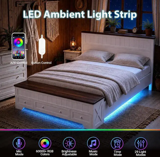 Alt view image 5 of 7 - Farmhouse Queen Bed Frame with Headboard and Storage Bench (White) | Wooden Platform Bed Queen Size, LED Light Strip, 3 Drawers, 2 Flip-Top Compartments, Wood Slat Support, No Box Spring Needed