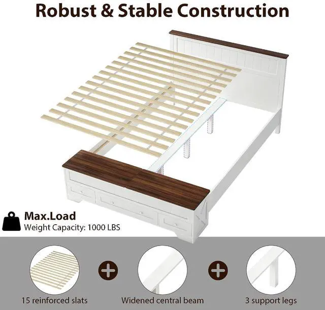 Alt view image 6 of 7 - Farmhouse Queen Bed Frame with Headboard and Storage Bench (White) | Wooden Platform Bed Queen Size, LED Light Strip, 3 Drawers, 2 Flip-Top Compartments, Wood Slat Support, No Box Spring Needed