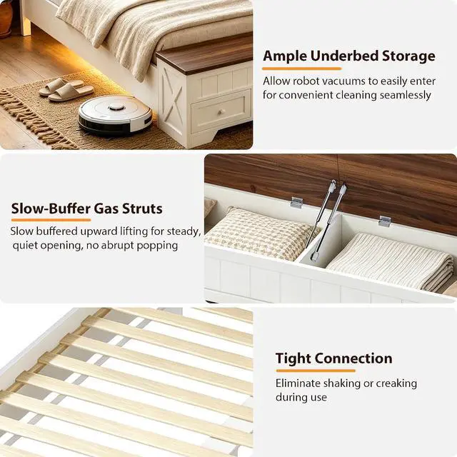 Alt view image 7 of 7 - Farmhouse Queen Bed Frame with Headboard and Storage Bench (White) | Wooden Platform Bed Queen Size, LED Light Strip, 3 Drawers, 2 Flip-Top Compartments, Wood Slat Support, No Box Spring Needed