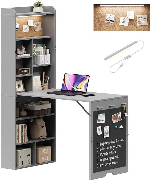Main image of Wall Mounted Foldable Desk with LED and Corkboard, Space-Saving Fold Out Convertible Writing Table with Shelves & Magnetic Blackboard, Floating Murphy Desk Workstation for Home Office, Dorm (Gray)