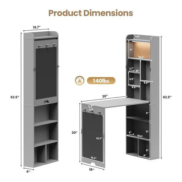 Alt view image 3 of 7 - Wall Mounted Foldable Desk with LED and Corkboard, Space-Saving Fold Out Convertible Writing Table with Shelves & Magnetic Blackboard, Floating Murphy Desk Workstation for Home Office, Dorm (Gray)