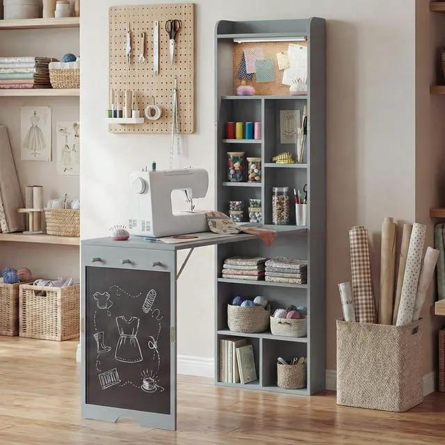 Alt view image 2 of 7 - Wall Mounted Foldable Desk with LED and Corkboard, Space-Saving Fold Out Convertible Writing Table with Shelves & Magnetic Blackboard, Floating Murphy Desk Workstation for Home Office, Dorm (Gray)
