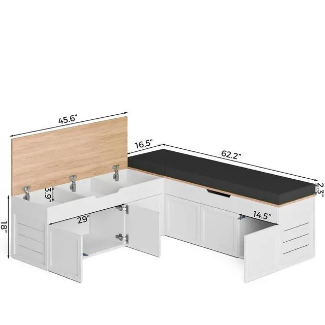 Alt view image 2 of 7 - L-Shaped Corner Storage Bench with Cushion, Backless Wood Bench with Hidden Storage, for Dining Nook, Kitchen, Entryway, Cloakroom (Bench+Black Cushion)