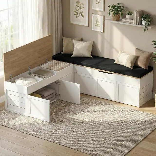 Main image of L-Shaped Corner Storage Bench with Cushion, Backless Wood Bench with Hidden Storage, for Dining Nook, Kitchen, Entryway, Cloakroom (Bench+Black Cushion)