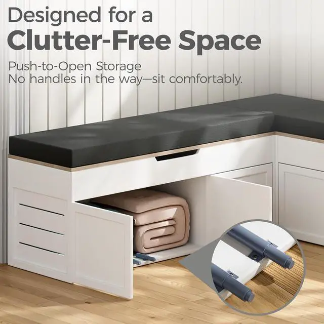 Alt view image 4 of 7 - L-Shaped Corner Storage Bench with Cushion, Backless Wood Bench with Hidden Storage, for Dining Nook, Kitchen, Entryway, Cloakroom (Bench+Black Cushion)