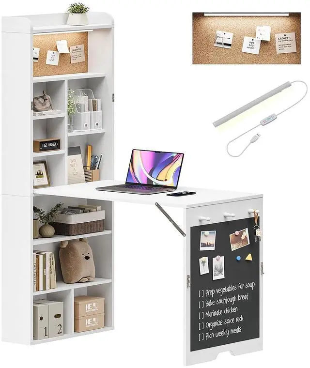 Main image of Wall Mounted Foldable Desk with LED and Corkboard, Space-Saving Fold Out Convertible Writing Table with Shelves & Magnetic Blackboard, Floating Murphy Desk Workstation for Home Office, Dorm (White)