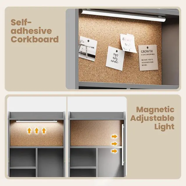 Alt view image 6 of 7 - Wall Mounted Foldable Desk with LED and Corkboard, Space-Saving Fold Out Convertible Writing Table with Shelves & Magnetic Blackboard, Floating Murphy Desk Workstation for Home Office, Dorm (Gray)