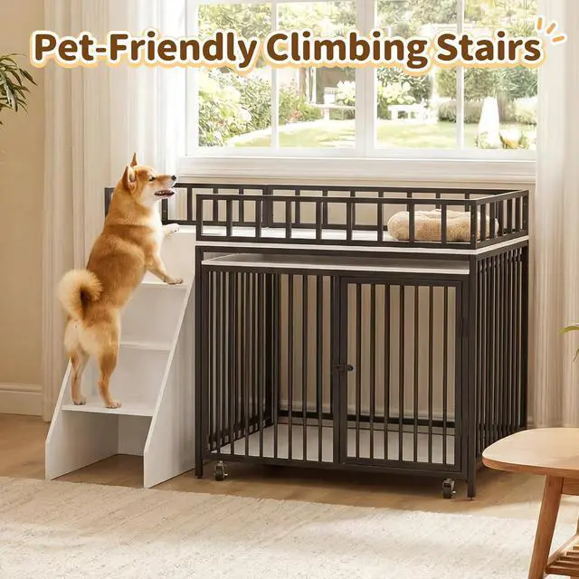 Alt view image 5 of 7 - 37" Dog Crate Furniture, Wooden Dog Kennel Indoor with Storage (White) | Heavy Duty Pet Cage Indoor for Small & Medium Dogs, Dog Kennel with Storage Shelf, 4 Lockable Wheels and Stairs, Loft-Style