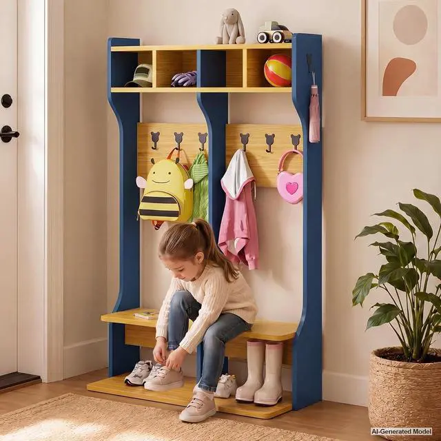 Alt view image 2 of 7 - 2-Section Coat Locker with Bench | Daycare Cubby Storage with 8 Hooks, Kindergarten Lockers with 4 Cubbies for Home, School, Nursery