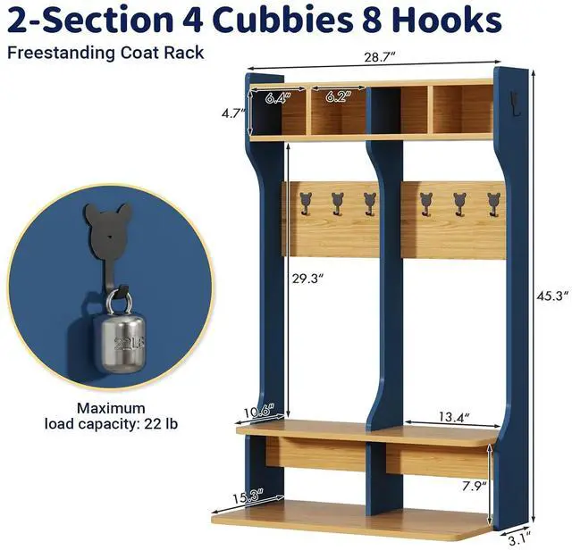 Alt view image 3 of 7 - 2-Section Coat Locker with Bench | Daycare Cubby Storage with 8 Hooks, Kindergarten Lockers with 4 Cubbies for Home, School, Nursery
