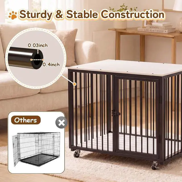 Alt view image 6 of 7 - 37" Dog Crate Furniture, Wooden Dog Kennel Indoor with Storage (White) | Heavy Duty Pet Cage Indoor for Small & Medium Dogs, Dog Kennel with Storage Shelf, 4 Lockable Wheels and Stairs, Loft-Style