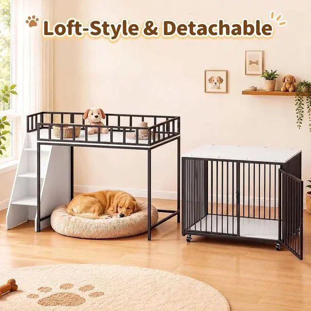 Alt view image 7 of 7 - 37" Dog Crate Furniture, Wooden Dog Kennel Indoor with Storage (White) | Heavy Duty Pet Cage Indoor for Small & Medium Dogs, Dog Kennel with Storage Shelf, 4 Lockable Wheels and Stairs, Loft-Style