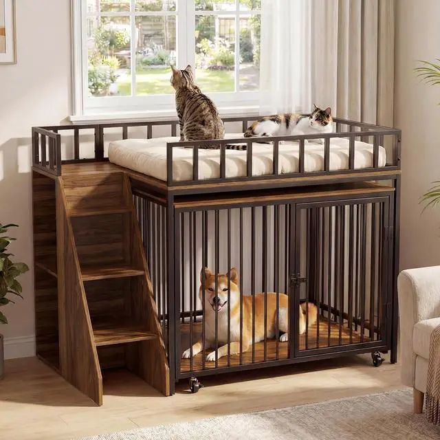 Main image of 37" Dog Crate Furniture, Wooden Dog Kennel Indoor with Storage (Walnut) | Heavy Duty Pet Cage Indoor for Small & Medium Dogs, Dog Kennel with Storage Shelf, 4 Lockable Wheels and Stairs, Loft-Style