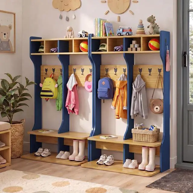 Alt view image 4 of 7 - 2-Section Coat Locker with Bench | Daycare Cubby Storage with 8 Hooks, Kindergarten Lockers with 4 Cubbies for Home, School, Nursery