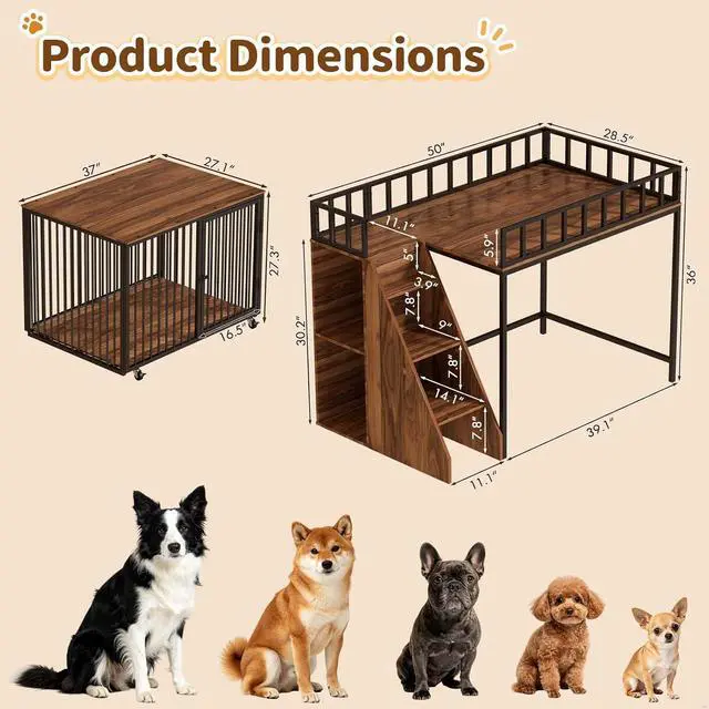 Alt view image 2 of 7 - 37" Dog Crate Furniture, Wooden Dog Kennel Indoor with Storage (Walnut) | Heavy Duty Pet Cage Indoor for Small & Medium Dogs, Dog Kennel with Storage Shelf, 4 Lockable Wheels and Stairs, Loft-Style