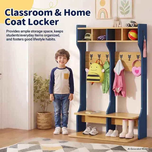 Alt view image 6 of 7 - 2-Section Coat Locker with Bench | Daycare Cubby Storage with 8 Hooks, Kindergarten Lockers with 4 Cubbies for Home, School, Nursery