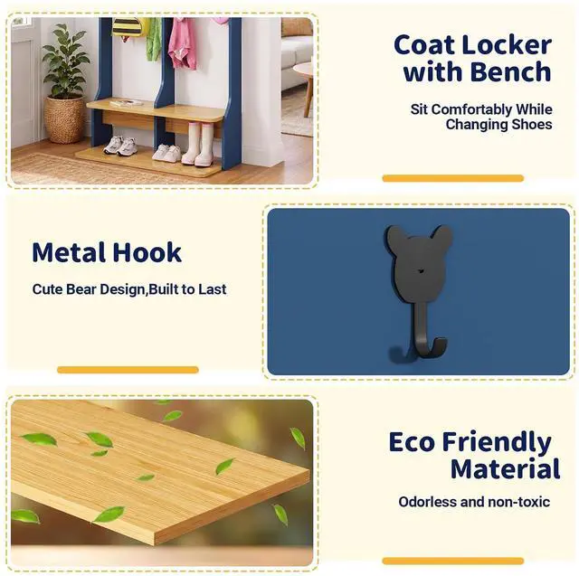 Alt view image 5 of 7 - 2-Section Coat Locker with Bench | Daycare Cubby Storage with 8 Hooks, Kindergarten Lockers with 4 Cubbies for Home, School, Nursery