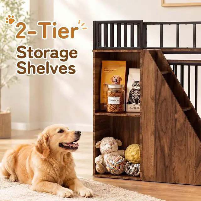 Alt view image 4 of 7 - 37" Dog Crate Furniture, Wooden Dog Kennel Indoor with Storage (Walnut) | Heavy Duty Pet Cage Indoor for Small & Medium Dogs, Dog Kennel with Storage Shelf, 4 Lockable Wheels and Stairs, Loft-Style