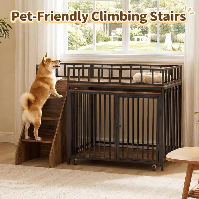 Alt view image 5 of 7 - 37" Dog Crate Furniture, Wooden Dog Kennel Indoor with Storage (Walnut) | Heavy Duty Pet Cage Indoor for Small & Medium Dogs, Dog Kennel with Storage Shelf, 4 Lockable Wheels and Stairs, Loft-Style