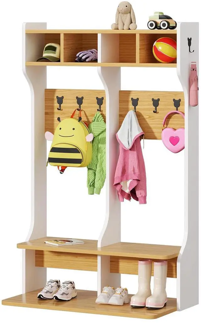 Main image of 2-Section Coat Locker with Bench | Daycare Cubby Storage with 8 Hooks, Kindergarten Lockers with 4 Cubbies for Home, School, Nursery