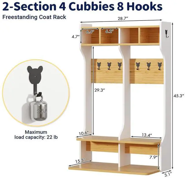 Alt view image 3 of 7 - 2-Section Coat Locker with Bench | Daycare Cubby Storage with 8 Hooks, Kindergarten Lockers with 4 Cubbies for Home, School, Nursery