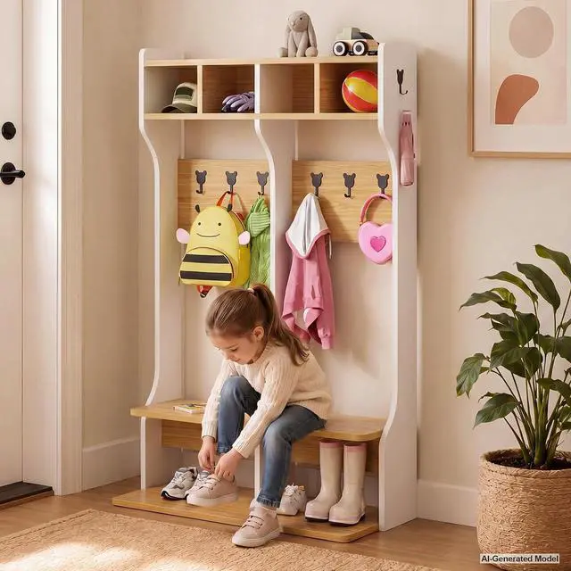 Alt view image 2 of 7 - 2-Section Coat Locker with Bench | Daycare Cubby Storage with 8 Hooks, Kindergarten Lockers with 4 Cubbies for Home, School, Nursery