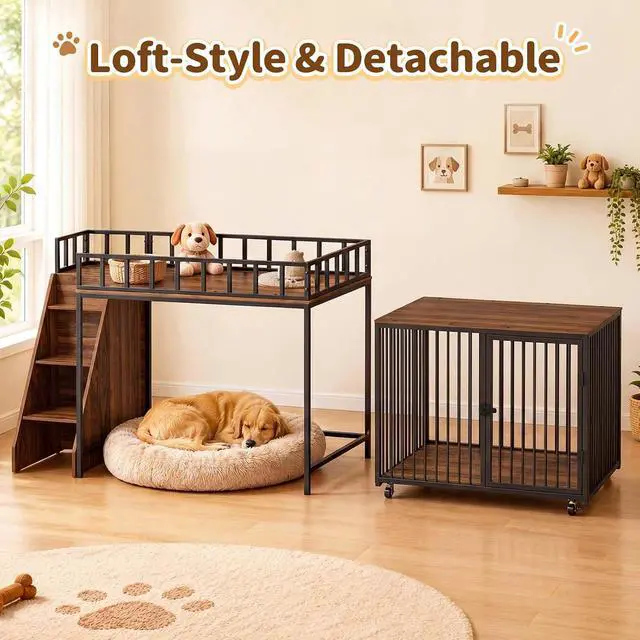 Alt view image 7 of 7 - 37" Dog Crate Furniture, Wooden Dog Kennel Indoor with Storage (Walnut) | Heavy Duty Pet Cage Indoor for Small & Medium Dogs, Dog Kennel with Storage Shelf, 4 Lockable Wheels and Stairs, Loft-Style