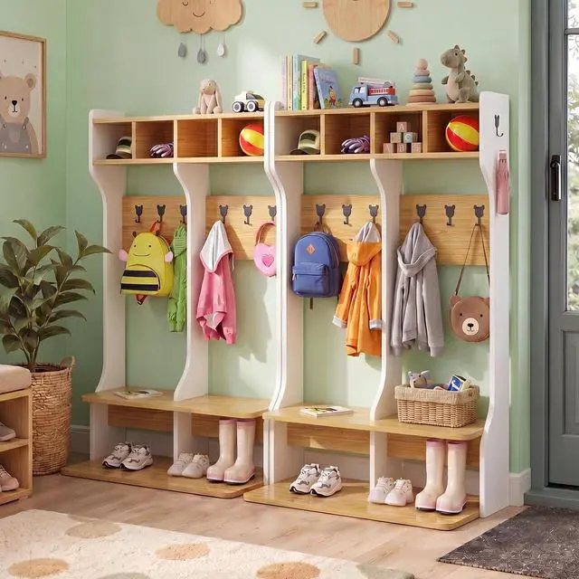 Alt view image 4 of 7 - 2-Section Coat Locker with Bench | Daycare Cubby Storage with 8 Hooks, Kindergarten Lockers with 4 Cubbies for Home, School, Nursery