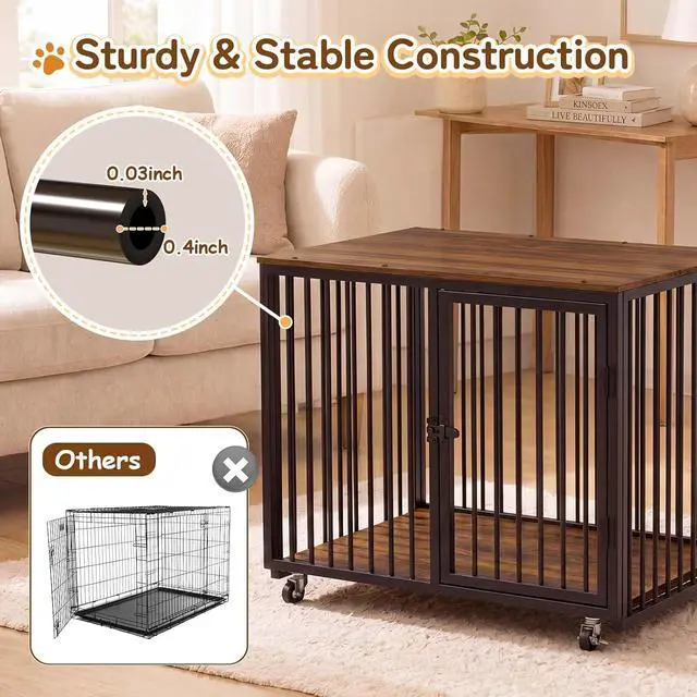 Alt view image 6 of 7 - 37" Dog Crate Furniture, Wooden Dog Kennel Indoor with Storage (Walnut) | Heavy Duty Pet Cage Indoor for Small & Medium Dogs, Dog Kennel with Storage Shelf, 4 Lockable Wheels and Stairs, Loft-Style