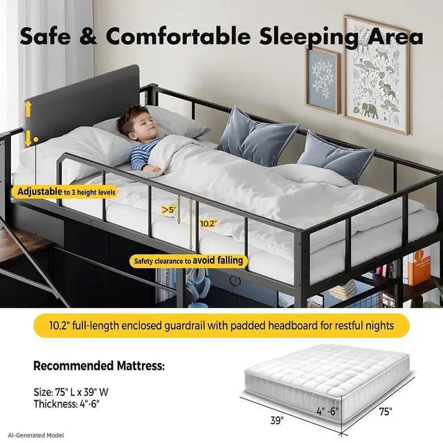 Alt view image 2 of 7 - Twin Size Loft Bed with Desk, Stairs & LED Light, Metal Gaming Loft Bed Frame with Headboard, Safety Guardrail, Charging Station, Closet and Fabric Drawers, Space Saving, Black & Burnt Wood
