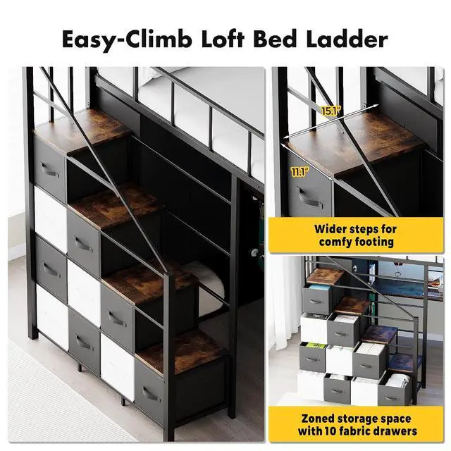 Alt view image 4 of 7 - Twin Size Loft Bed with Desk, Stairs & LED Light, Metal Gaming Loft Bed Frame with Headboard, Safety Guardrail, Charging Station, Closet and Fabric Drawers, Space Saving, Black & Burnt Wood