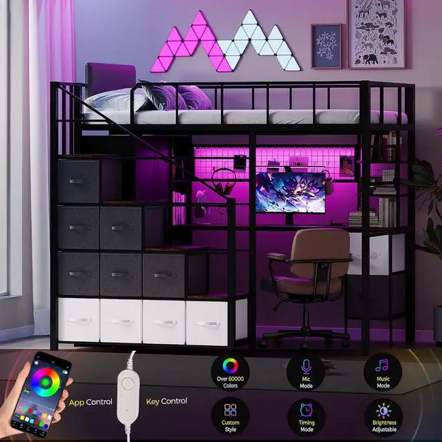 Alt view image 6 of 7 - Twin Size Loft Bed with Desk, Stairs & LED Light, Metal Gaming Loft Bed Frame with Headboard, Safety Guardrail, Charging Station, Closet and Fabric Drawers, Space Saving, Black & Burnt Wood