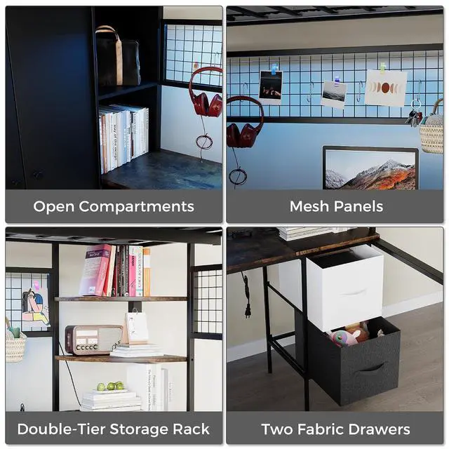 Alt view image 5 of 7 - Twin Size Loft Bed with Desk, Stairs & LED Light, Metal Gaming Loft Bed Frame with Headboard, Safety Guardrail, Charging Station, Closet and Fabric Drawers, Space Saving, Black & Burnt Wood
