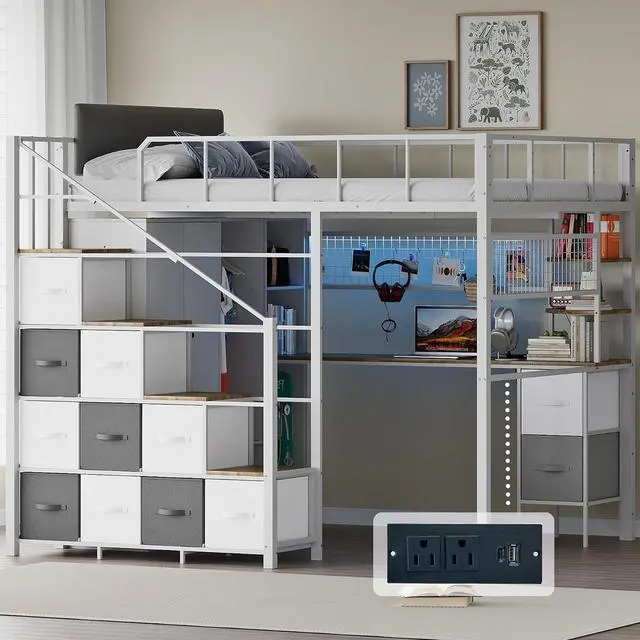Main image of Full Size Loft Bed with Desk, Stairs & LED Light, Metal Gaming Loft Bed Frame with Headboard, Safety Guardrails, Charging Station, Closet and 12 Fabric Drawers, Space Saving, White and Oak