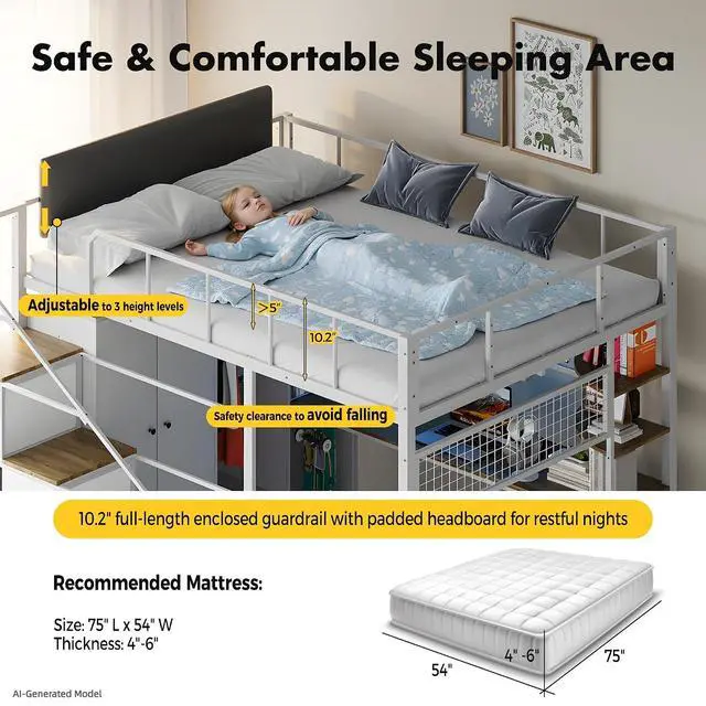 Alt view image 3 of 7 - Full Size Loft Bed with Desk, Stairs & LED Light, Metal Gaming Loft Bed Frame with Headboard, Safety Guardrails, Charging Station, Closet and 12 Fabric Drawers, Space Saving, White and Oak