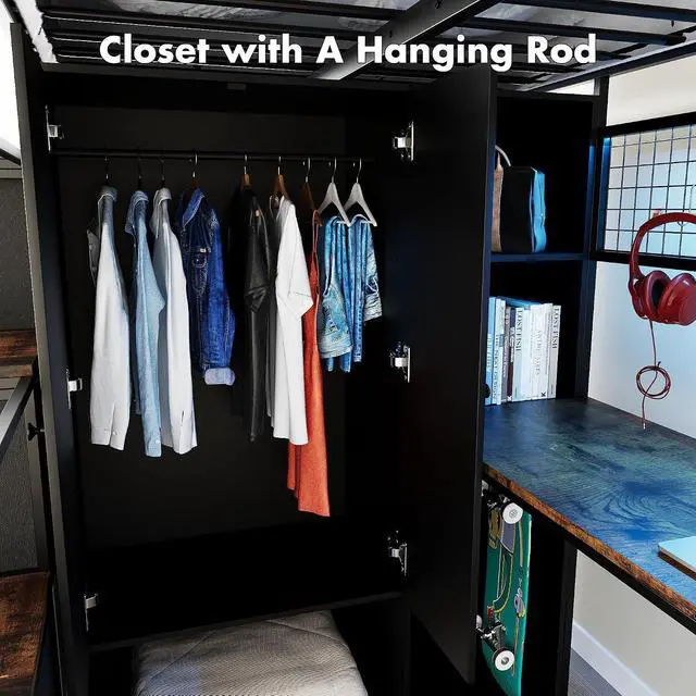 Alt view image 7 of 7 - Twin Size Loft Bed with Desk, Stairs & LED Light, Metal Gaming Loft Bed Frame with Headboard, Safety Guardrail, Charging Station, Closet and Fabric Drawers, Space Saving, Black & Burnt Wood