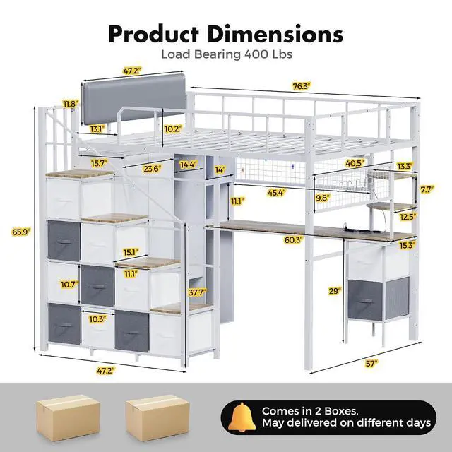 Alt view image 2 of 7 - Full Size Loft Bed with Desk, Stairs & LED Light, Metal Gaming Loft Bed Frame with Headboard, Safety Guardrails, Charging Station, Closet and 12 Fabric Drawers, Space Saving, White and Oak