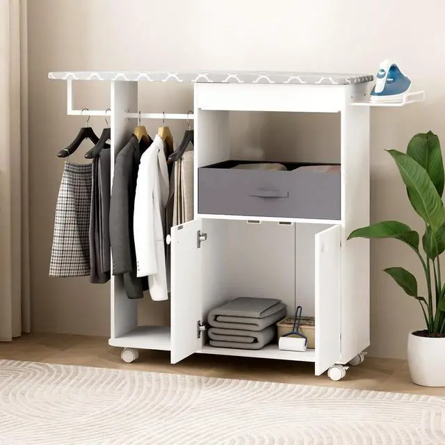 Main image of Rolling Ironing Board with Storage Cabinet, Wooden Ironing Board Cabinet with Drawer, Compact Space-Saving Ironing Table with Iron Rest Rack for Laundry Room, Living Room (One Size, Curvilinear)