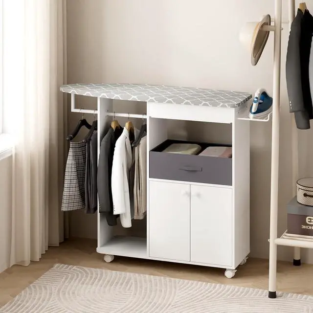 Alt view image 5 of 7 - Rolling Ironing Board with Storage Cabinet, Wooden Ironing Board Cabinet with Drawer, Compact Space-Saving Ironing Table with Iron Rest Rack for Laundry Room, Living Room (One Size, Curvilinear)