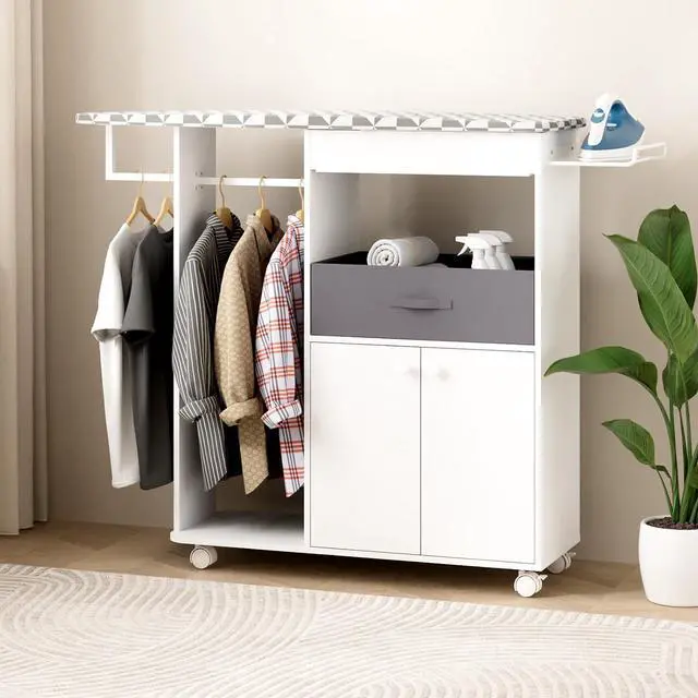 Main image of Rolling Ironing Board with Storage Cabinet, Wooden Ironing Board Cabinet with Drawer, Compact Space-Saving Ironing Table with Iron Rest Rack for Laundry Room, Living Room (One Size, Geometric)