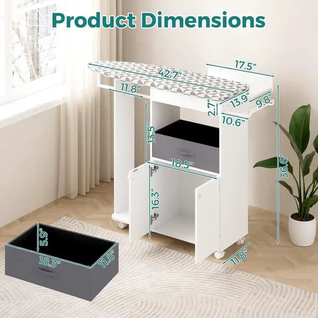 Alt view image 2 of 7 - Rolling Ironing Board with Storage Cabinet, Wooden Ironing Board Cabinet with Drawer, Compact Space-Saving Ironing Table with Iron Rest Rack for Laundry Room, Living Room (One Size, Geometric)