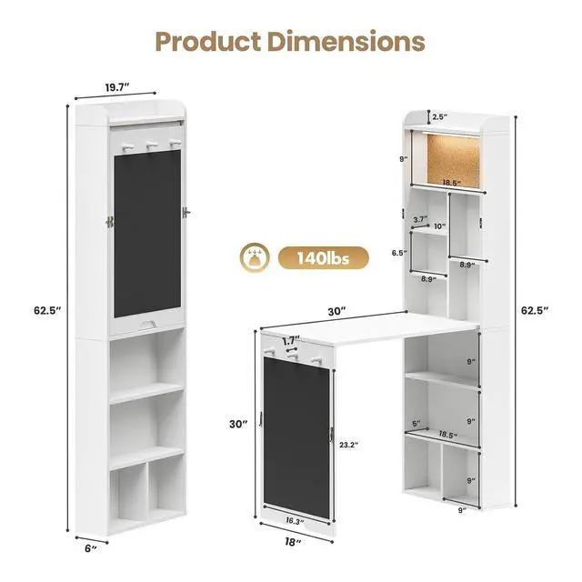 Alt view image 3 of 7 - Wall Mounted Foldable Desk with LED and Corkboard, Space-Saving Fold Out Convertible Writing Table with Shelves & Magnetic Blackboard, Floating Murphy Desk Workstation for Home Office, Dorm (White)