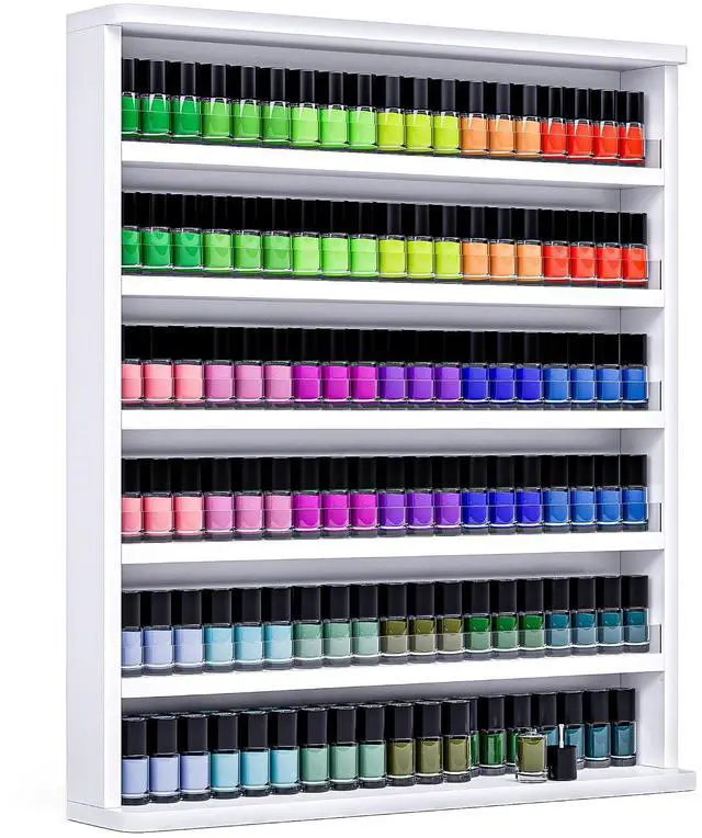 Main image of Wall Mount Nail Polish Organizer, Wooden 6-Tier Polish Shelf & Display Rack w/Acrylic Baffle - Holds 140+ Bottles of Nail Polish, Essential Oils & Perfume for Home, Spa & Nail Studio, White