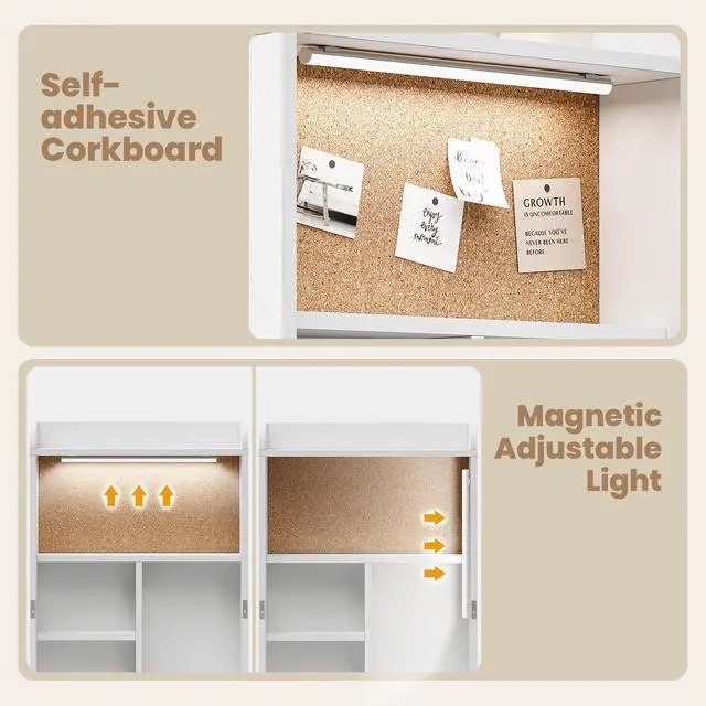 Alt view image 6 of 7 - Wall Mounted Foldable Desk with LED and Corkboard, Space-Saving Fold Out Convertible Writing Table with Shelves & Magnetic Blackboard, Floating Murphy Desk Workstation for Home Office, Dorm (White)
